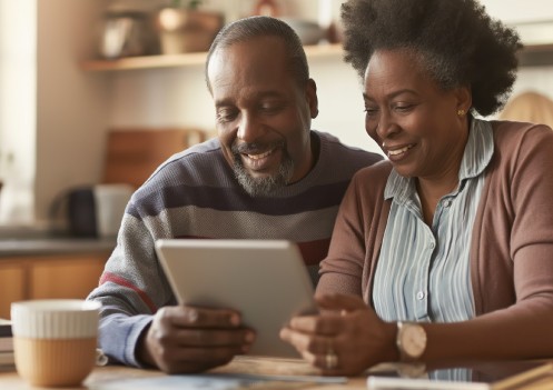 1136863496c237c542143ba63ba217eb-1763650964 Husband and wife happily looking at financials on their iPad.