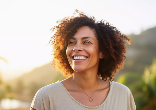 Happy, confident woman outside.